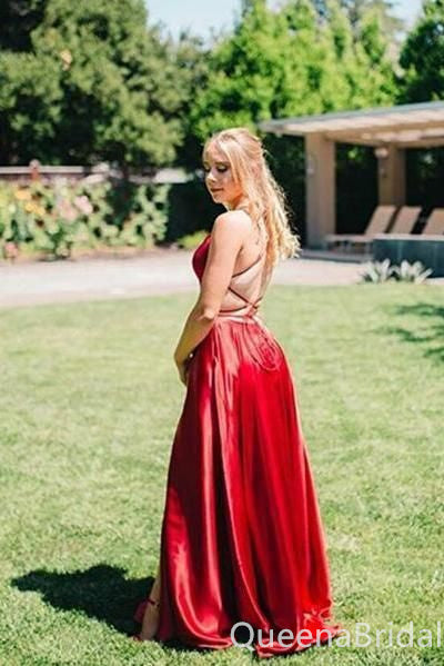 Sexy Red Spaghetti Straps A-line Lace Up Back Evening Gown Maxi Long Formal Dresses Prom Dresses with Side Slit ,WGP887