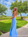 Blue Sheath Square Neck Fluffy Evening Gown Maxi Long Formal Dresses Prom Dresses with Side Slit,WGP983