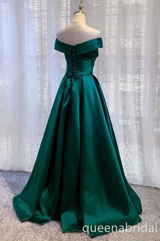 Green Off Shoulder Lace up Back A-line  Evening Gown Maxi Long Evening Party Prom Dresses ,WGP1033