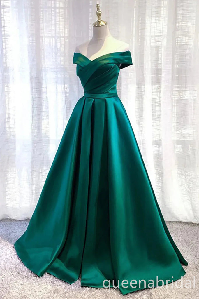 Green Off Shoulder Lace up Back A-line  Evening Gown Maxi Long Evening Party Prom Dresses ,WGP1033