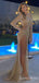 Sparkle Champagne Long Sleeves Evening Gown Maxi Long Evening Party Prom Dresses with Side Slit ,WGP1222