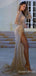 Sparkle Champagne Long Sleeves Evening Gown Maxi Long Evening Party Prom Dresses with Side Slit ,WGP1222