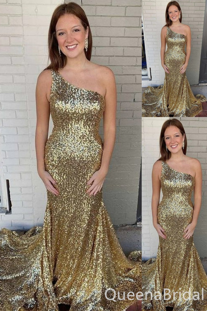 Sparkle Gold One Shoulder Mermaid Evening Gown Maxi Long Evening Party Prom Dresses with trailing ,WGP1114