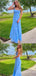 Blue Sheath Square Neck Fluffy Evening Gown Maxi Long Formal Dresses Prom Dresses with Side Slit,WGP983