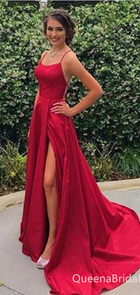 Sexy Red Spaghetti Straps A-line Lace Up Back Evening Gown Maxi Long Formal Dresses Prom Dresses with Side Slit ,WGP887