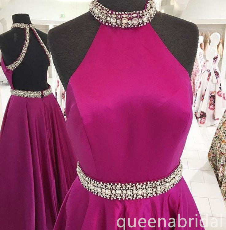 Hot Pink Beaded Halter A-line Evening Gown Maxi Long Evening Party Prom Dresses ,WGP1042