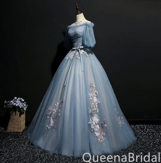 Grey Blue Off Shoulder Flower Embroidery A-line Ball Gown Lace up Back Evening Gown Maxi Long Evening Party Prom Dresses ,WGP1187