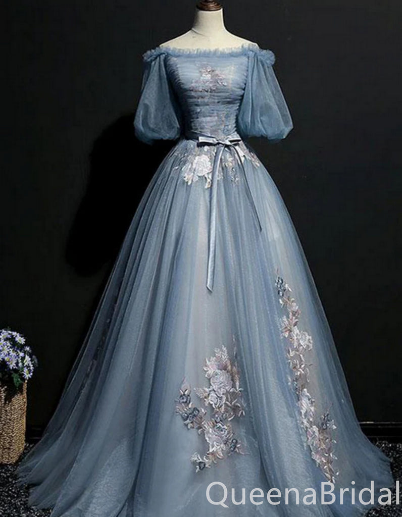 Grey Blue Off Shoulder Flower Embroidery A-line Ball Gown Lace up Back Evening Gown Maxi Long Evening Party Prom Dresses ,WGP1187