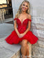 Red Off Shoulder Plunging Appliques Beaded A-line Graduation Party Short Homecoming Dresses, QB0796