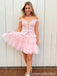 Pink Off Shoulder Plunging Lace Appliques A-line Graduation Party Short Homecoming Dresses, QB0797