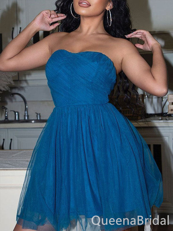 Sexy Blue A-Line Tulle Strapless Short Homecoming Dresses, QB0545