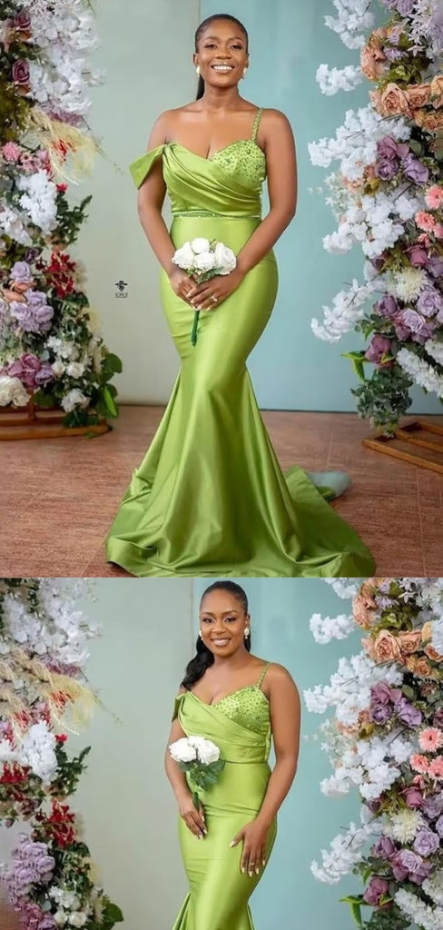 Sexy Unique Green Spaghetti Straps Mermaid Long Bridesmaid Dresses , BDS0164