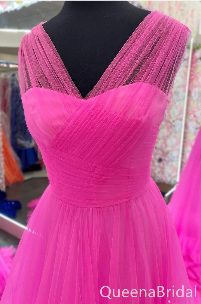 Stylish Hot Pink V Neck A-line Party Dress Long Prom Dresses to Impress ,WGP1598