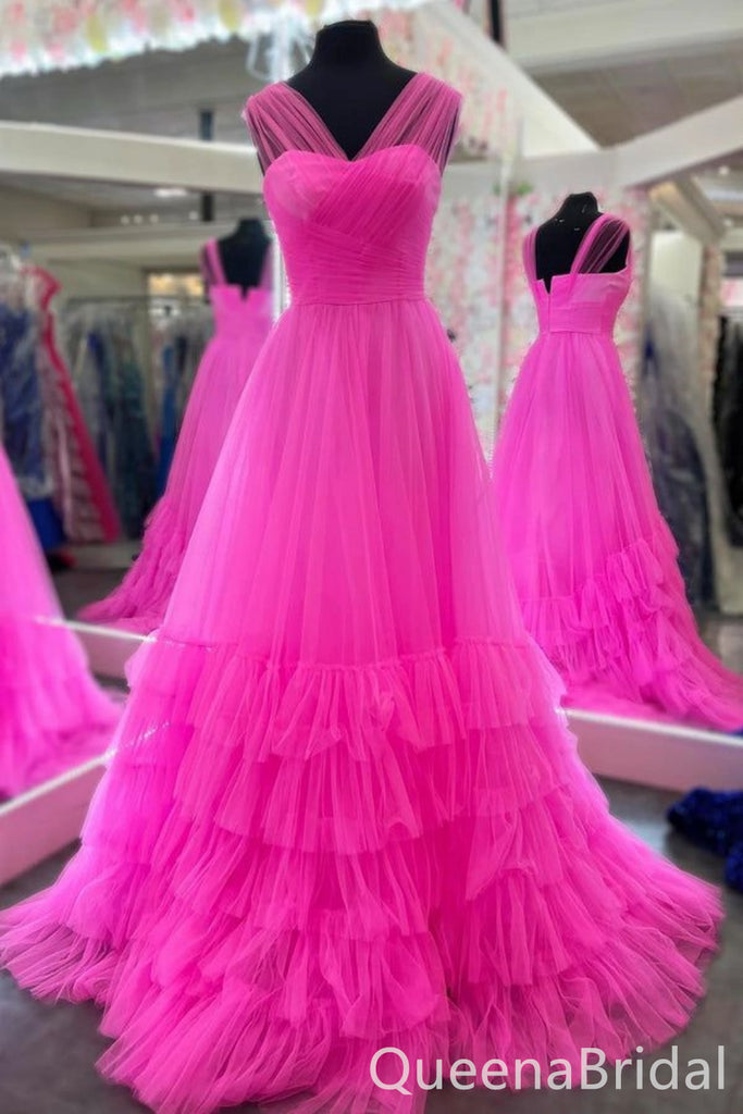 Stylish Hot Pink V Neck A-line Party Dress Long Prom Dresses to Impress ,WGP1598