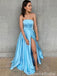 Strapless Blue A-line Evening Gown Maxi Long Evening Party Prom Dresses with Side Slit ,WGP1113