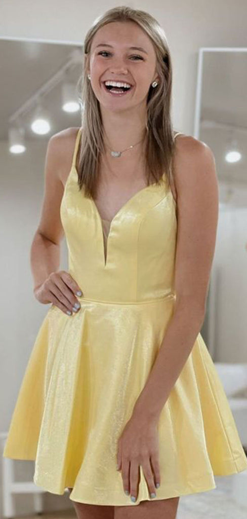 Cute Sexy V-Neck Lace Up Back Yellow A-Line Spaghetti Straps Short Homecoming Dresses , QB0547