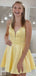 Cute Sexy V-Neck Lace Up Back Yellow A-Line Spaghetti Straps Short Homecoming Dresses , QB0547