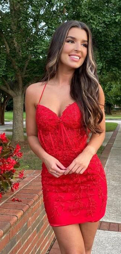 Sexy Sweetheart Lace Up Back Red Spaghetti Straps Lace Appliques Short Homecoming Dresses , QB0548