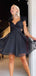 Elegant Black Chiffon Pleats Lace Up Back V Neck A-Line Cheap Simple Short Homecoming Dresses, QB0410