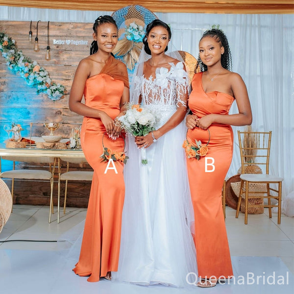 Mismatched Orange One Shoulder Mermaid Long Bridesmaid Dresses for Wedding Party, BDS0233