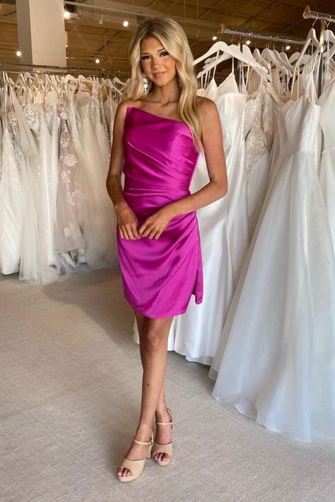 Elegant Pink One Shoulder Soft Satin Simple Cheap Sheath Short Homecoming Dresses, QB0528