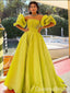 Green Off-the-shoulder A-line Bubble Sleeves Evening Gown Long Evening Party Prom Dresses,WGP1231