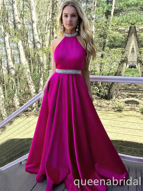 Hot Pink Beaded Halter A-line Evening Gown Maxi Long Evening Party Prom Dresses ,WGP1042