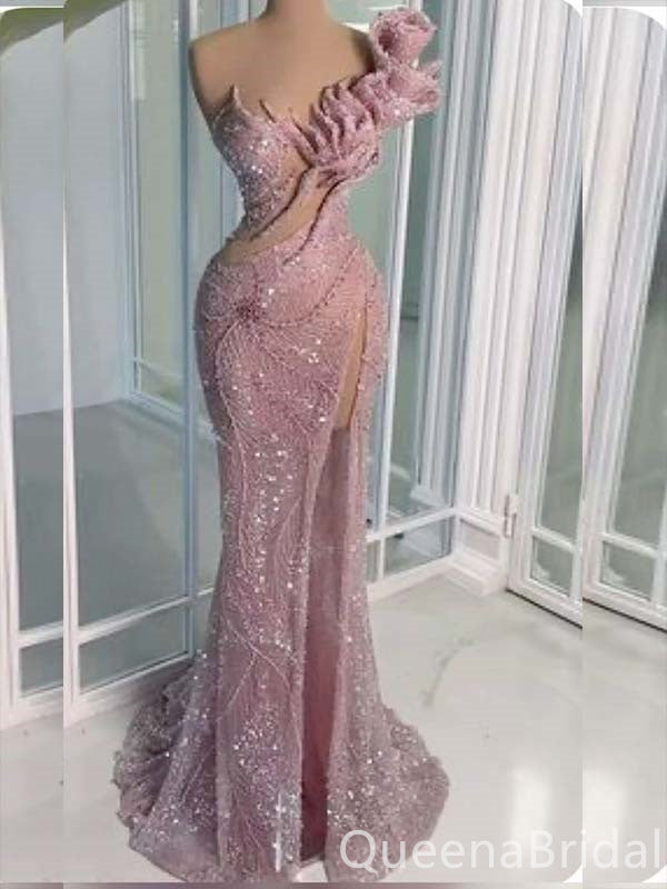 Sexy Sparkle One Shoulder Mermaid High Slit Evening Gown Maxi Long Formal Dresses Prom Dresses ,WGP841