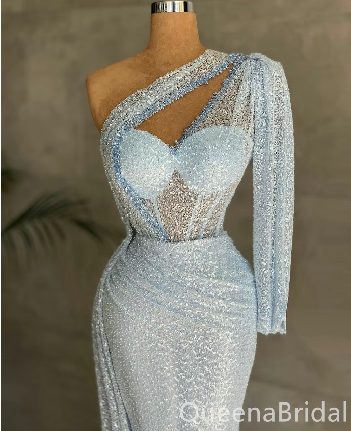 Sparkle Light Blue Mermaid One Shoulder Sweetheart Evening Gown Maxi Long Evening Party Prom Dresses ,WGP1188