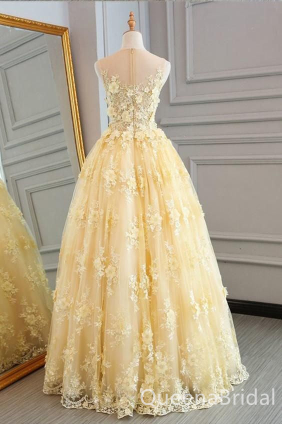 Enchanting Elegant Yellow A-line Lace Floral Appliques Tulle Evening Gown Long Prom Dresses with Pleats,WGP738