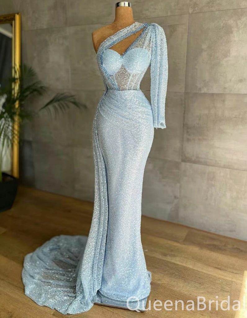 Sparkle Light Blue Mermaid One Shoulder Sweetheart Evening Gown Maxi Long Evening Party Prom Dresses ,WGP1188