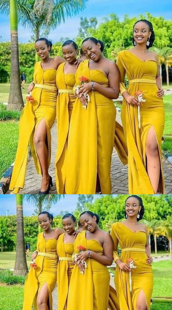 Yellow One Shoulder Mermaid Long Bridesmaid Dresses with Slit ,BDS0212