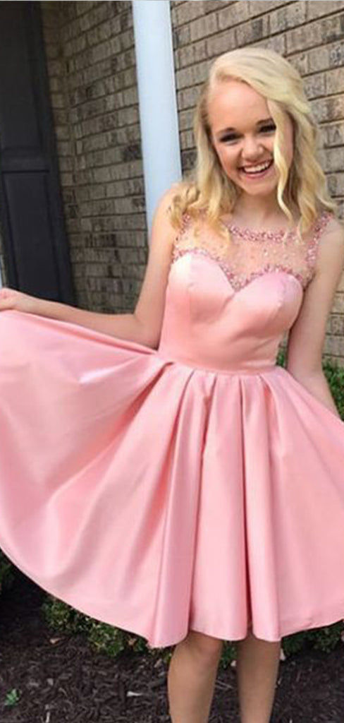 Cute Pink Beading Tulle A-line Spaghetti Straps Short Homecoming Dresses , QB0559