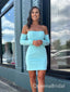 Elegant Blue Off Shoulder Long Sleeves Mermaid Cheap Simple Short Homecoming Dresses, QB0405