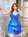 Elegant Blue Spaghetti Straps Ruffle Short Homecoming Dresses, QB0372