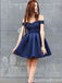 Sexy Dark Blue Off-the-shoulder Plunging A-line Short Homecoming Dresses with Pleats, QB0605