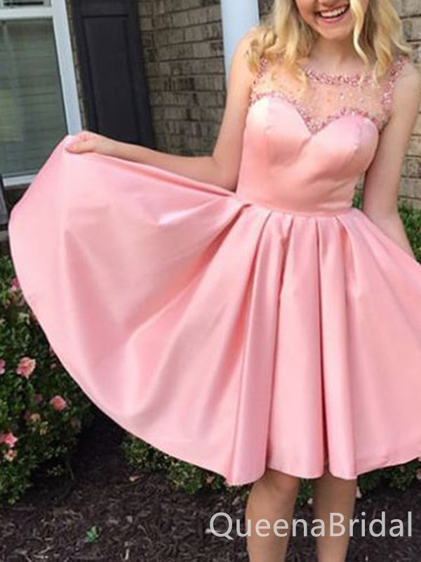 Cute Pink Beading Tulle A-line Spaghetti Straps Short Homecoming Dresses , QB0559