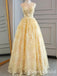 Enchanting Elegant Yellow A-line Lace Floral Appliques Tulle Evening Gown Long Prom Dresses with Pleats,WGP738