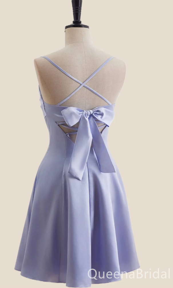 Elegant Light Purple Spaghetti Straps Straight Neck A-line Bow knot Lace Up Back Short Homecoming Dresses ,QB0659