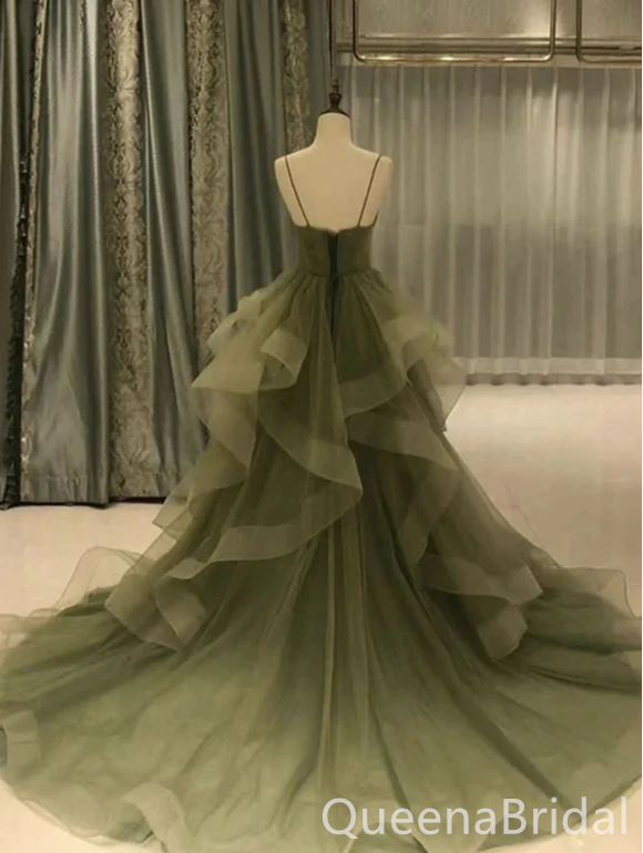 Green Spaghetti Straps Sweetheart Evening Gown Maxi Long Formal Dresses Prom Dresses with Ruffles,WGP960