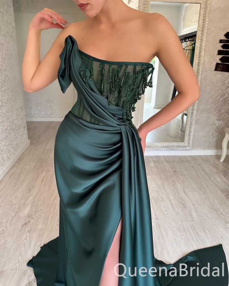 Charming Sexy Beaded Dark Green Sheath Evening Gown Long Prom Dresses with Pleats,WGP739