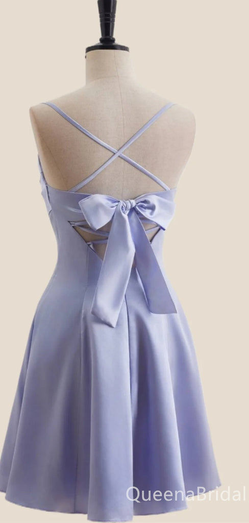 Elegant Light Purple Spaghetti Straps Straight Neck A-line Bow knot Lace Up Back Short Homecoming Dresses ,QB0659