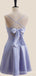 Elegant Light Purple Spaghetti Straps Straight Neck A-line Bow knot Lace Up Back Short Homecoming Dresses ,QB0659