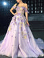 Lilac Flower Appliques A-line Off-the-shoulder Evening Gown Long Evening Party Prom Dresses,WGP1233