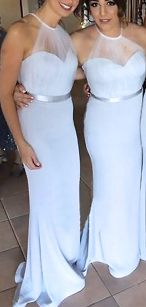 Elegant White Halter V Neck Simple Cheap Mermaid Long Bridesmaid Dresses, BDS0210