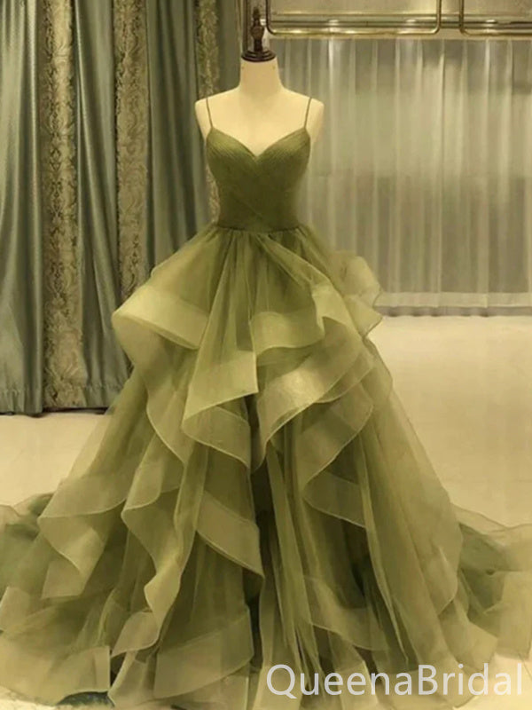 Green Spaghetti Straps Sweetheart Evening Gown Maxi Long Formal Dresses Prom Dresses with Ruffles,WGP960