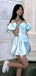 Unique Light Blue Off Shoulder Elastic Satin Short Homecoming Dresses, QB0373