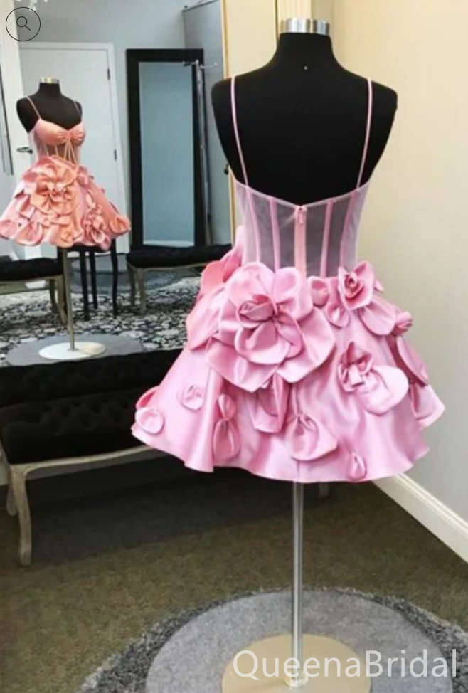 Sexy Pink 3D Floral Spaghetti Straps Sweetheart Ball Gown Short Homecoming Dresses, QB0602