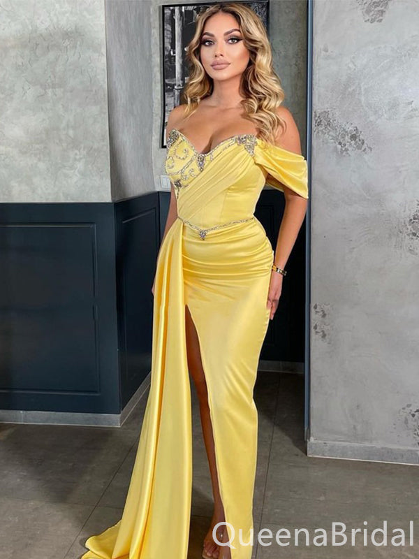 Yellow Mermaid Beaded Off-the-shoulder Evening Gown Long Evening Party Prom Dresses with Slit,WGP1234