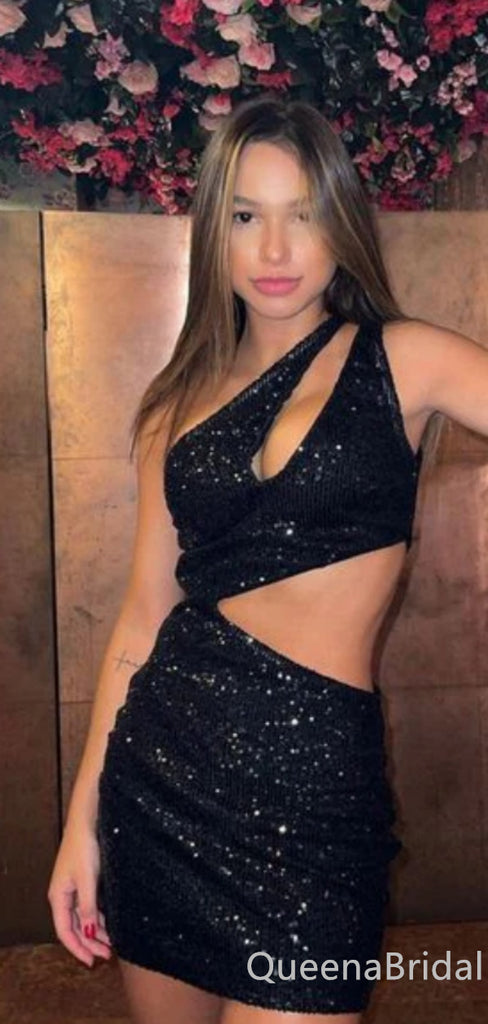 Sexy Sparkle One Shoulder Black Mermaid Graduation Party Short Homecoming Dresses ,QB0712